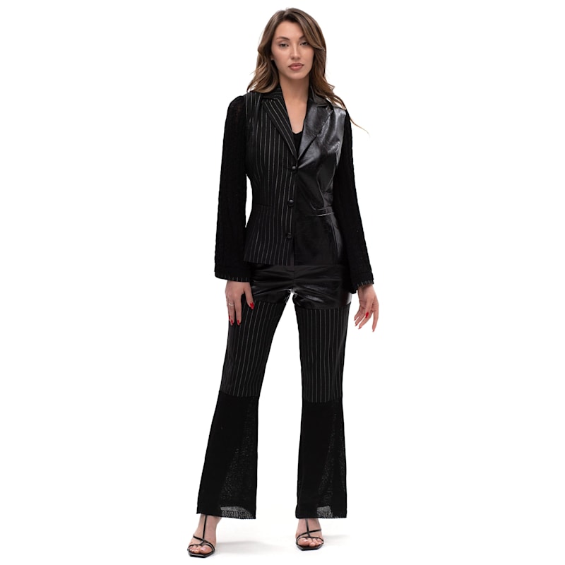 Thumbnail of Framed Tension – Blazer In Glossy Leather, Stripes & Textured Knit Sleeves image