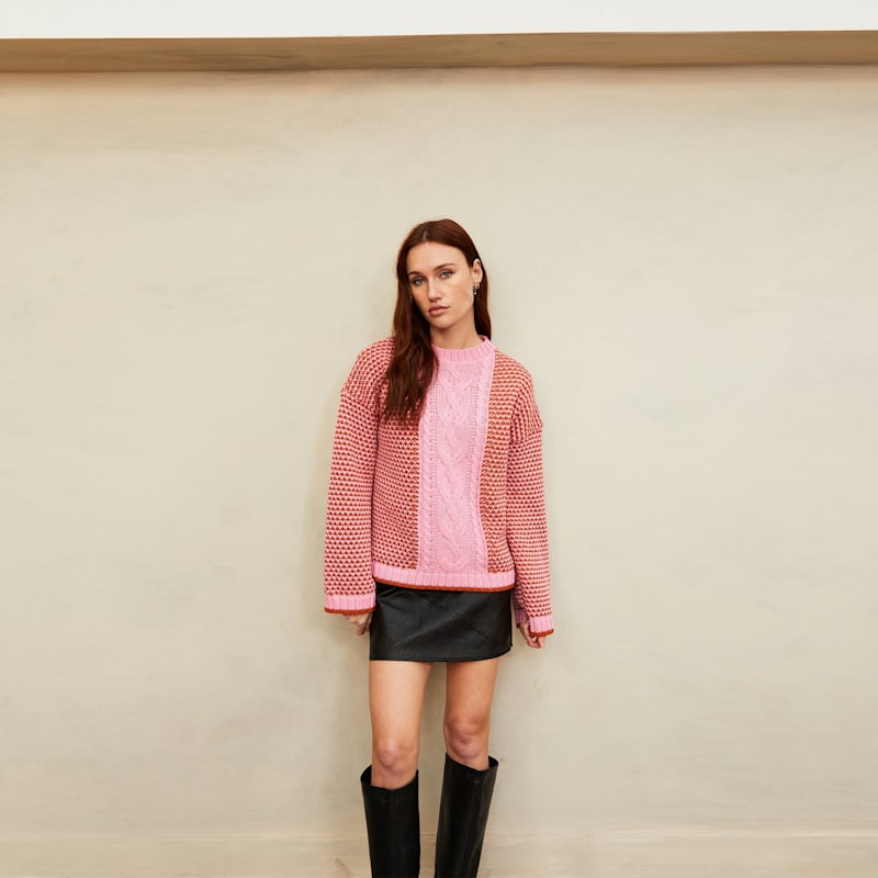 Frankie Cable Crew Neck Jumper - Pink | Cara & The Sky | Wolf & Badger