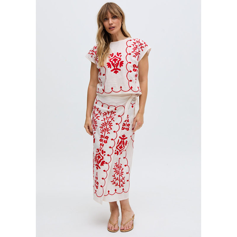Thumbnail of Fraya Cross Hatch Embroidered Wrap Midi Skirt In White image