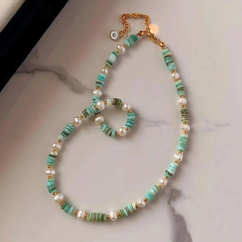 Thumbnail of Freshwater Pearl Green Shell Beaded Choker Necklace image