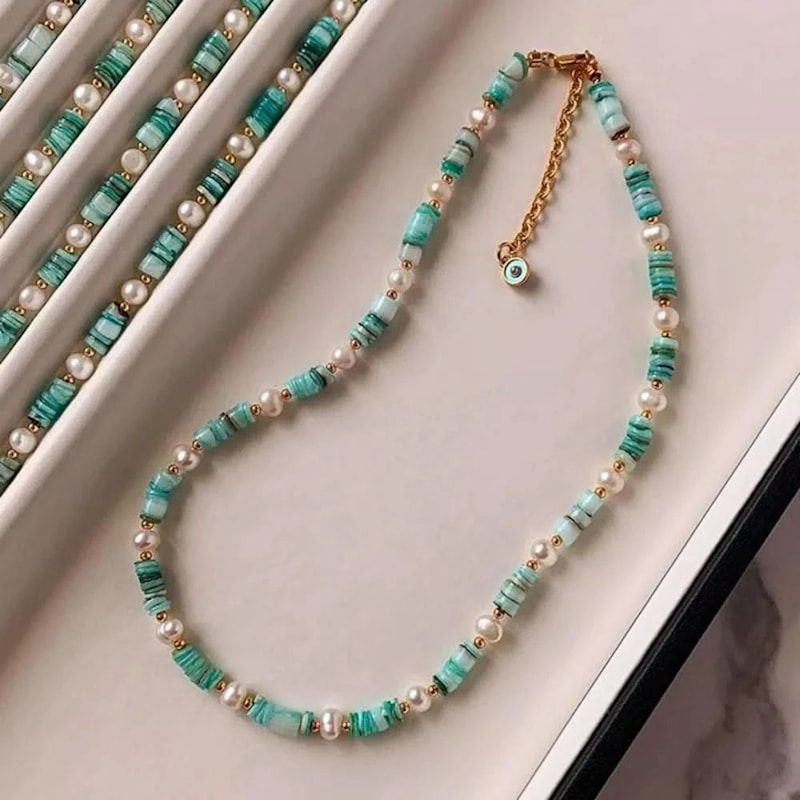 Thumbnail of Freshwater Pearl Green Shell Beaded Choker Necklace image
