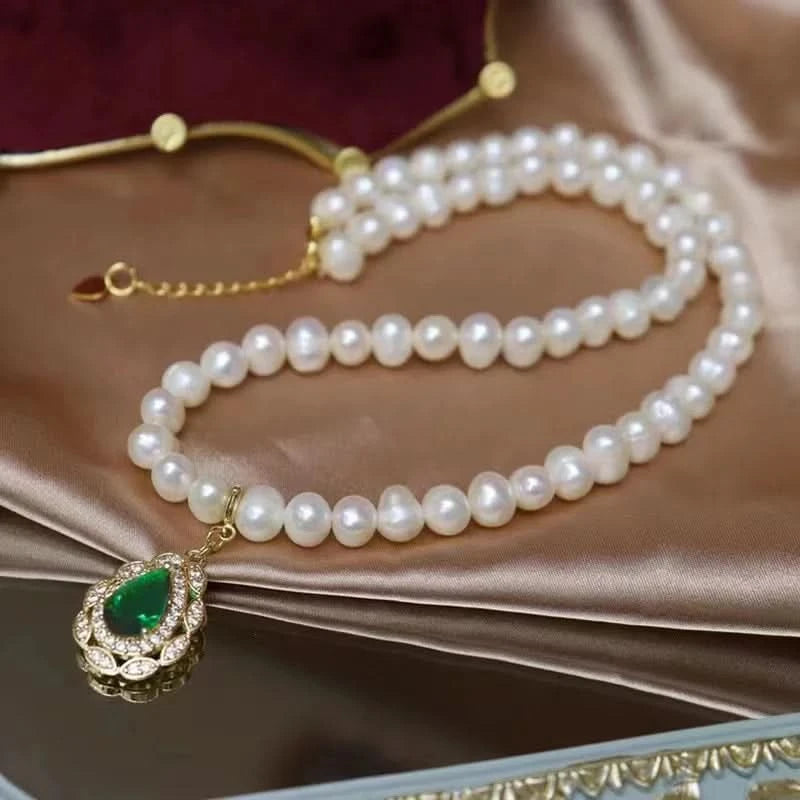 Thumbnail of Freshwater Pearl Necklace With Teardrop Gemstone - Green image