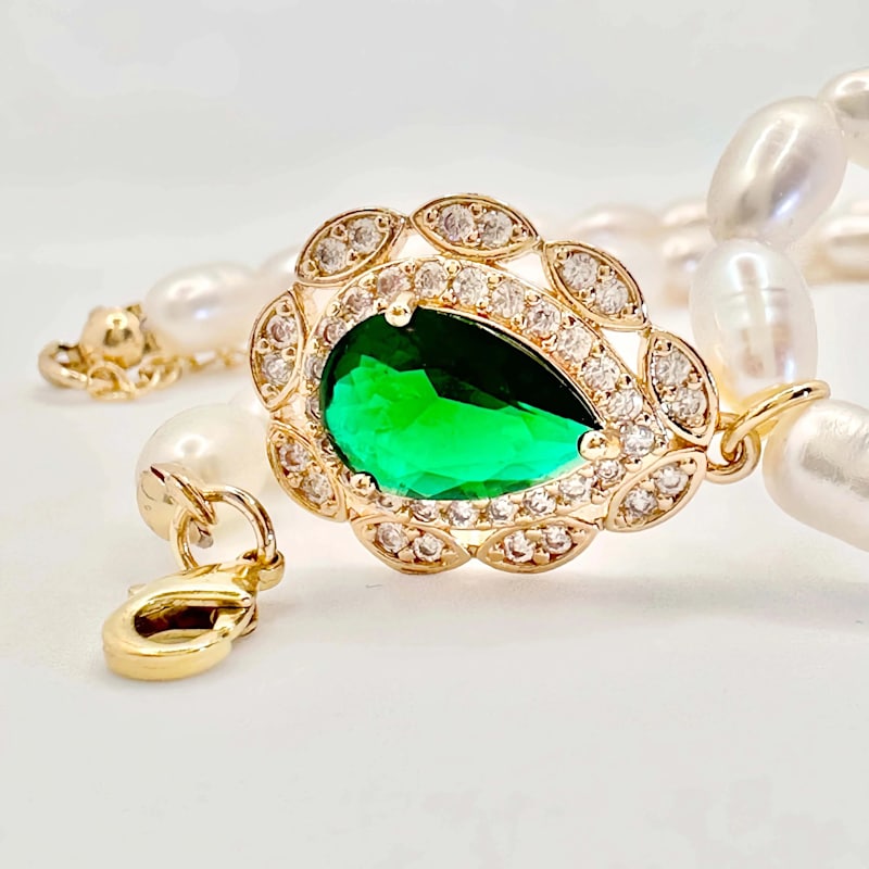 Thumbnail of Freshwater Pearl Necklace With Teardrop Gemstone - Green image