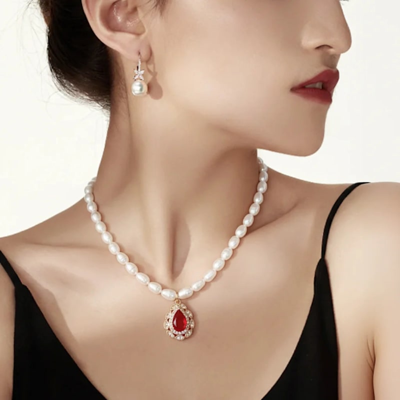 Thumbnail of Freshwater Pearl Necklace With Teardrop Gemstone - Green image