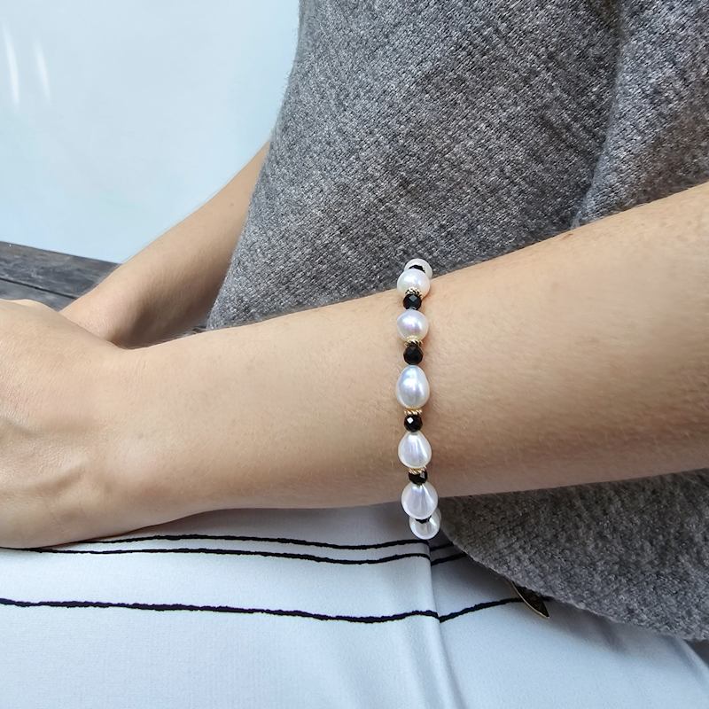 Thumbnail of Freshwater Pearls With Black Obsidian Adjustable Bracelet image