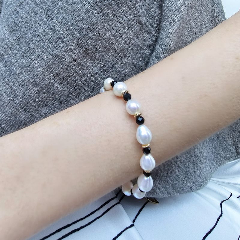 Thumbnail of Freshwater Pearls With Black Obsidian Adjustable Bracelet image