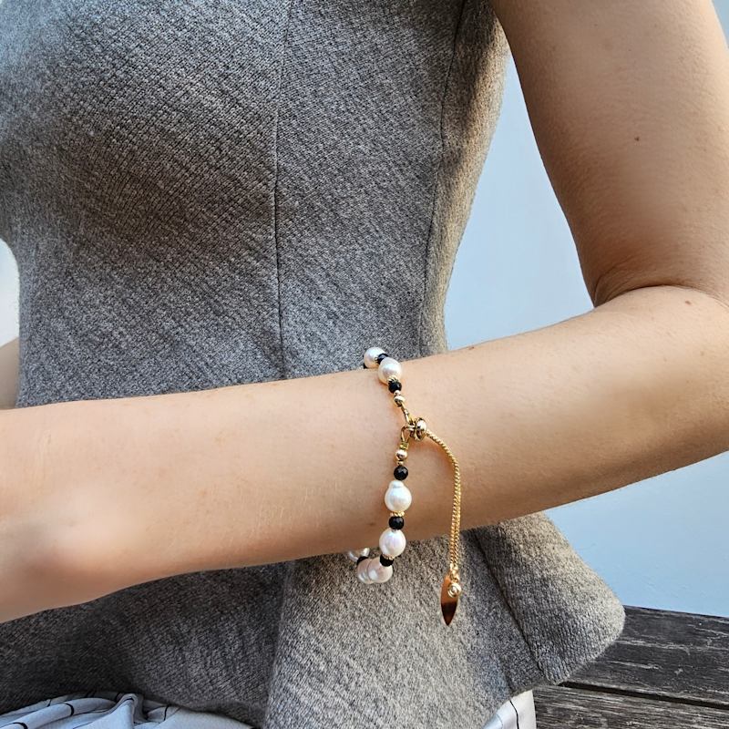 Thumbnail of Freshwater Pearls With Black Obsidian Adjustable Bracelet image
