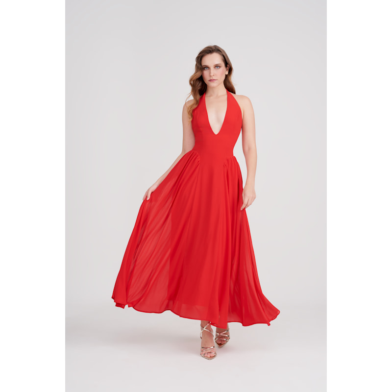 Thumbnail of Freya Chiffon Halter Maxi Dress - Lipstick Red image