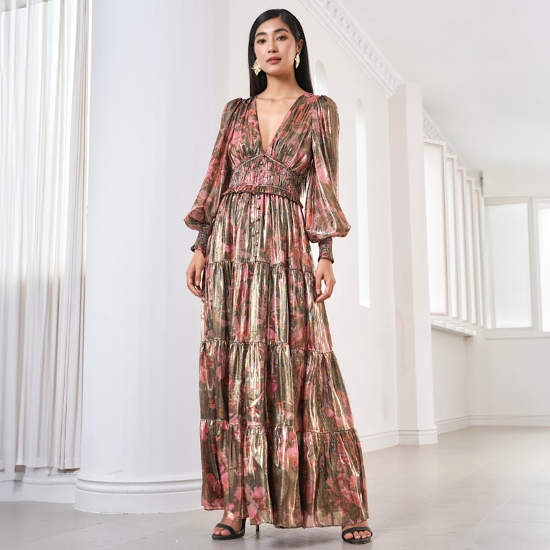 long sleeve metallic maxi dress Metallic Blush Coast Metallic Pleated Maxi Dress