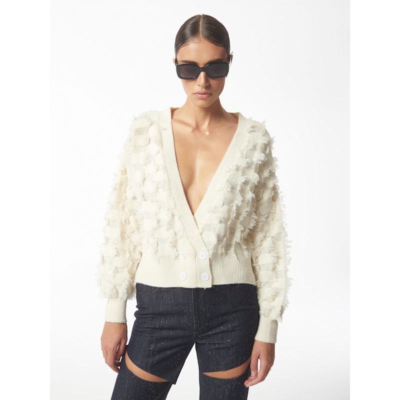 Thumbnail of Fringed Checkerboard Cardigan In White image