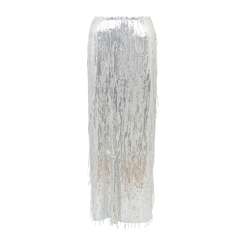 Thumbnail of Fringed Sequin Maxi Skirt In Silver image