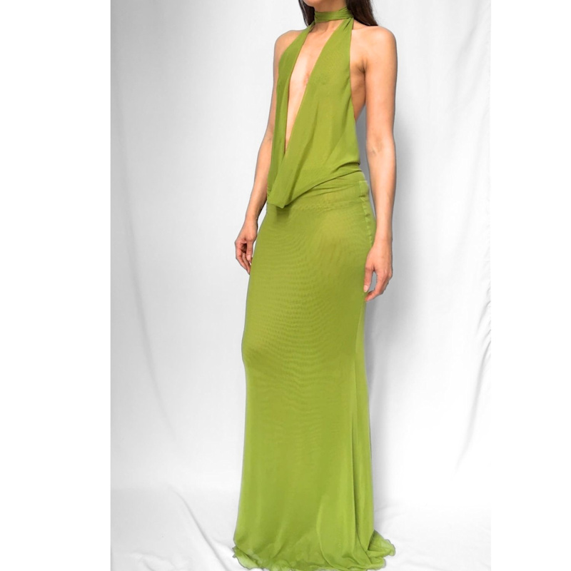 Thumbnail of Frisson Maxi Mesh Dress - One Size - Olive Green image
