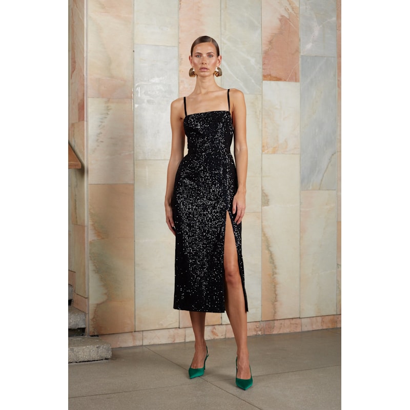 Women's Chloe Black Sequin Midi Cocktail Dress with Front Slit | Extra Large | Undress Chloe Black Sequin Midi Cocktail Dress With Front Slit | UNDRESS | Wolf \u0026  Badger