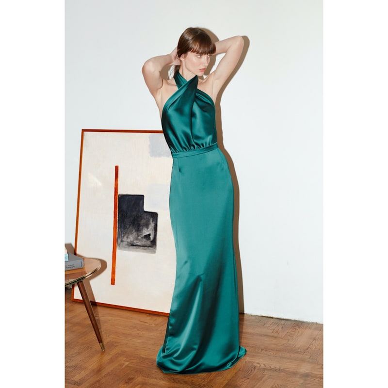 slim fit dress slacks Dark Teal Green Silk Satin Dress Wrap V Neckline