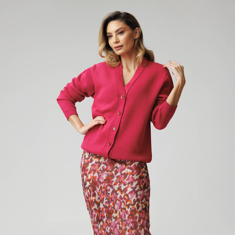 Thumbnail of Fuchsia Cardigan With "V" Neckline, Knitted, With Crystal Buttons image