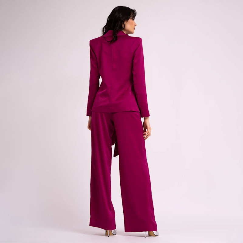Fuchsia Suit Featuring Blazer With Scarf Detail And Wide Leg Pants