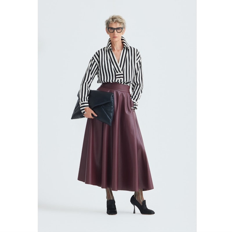 Thumbnail of Full Flare High Waist Faux Leather Skirt – Burgundy image
