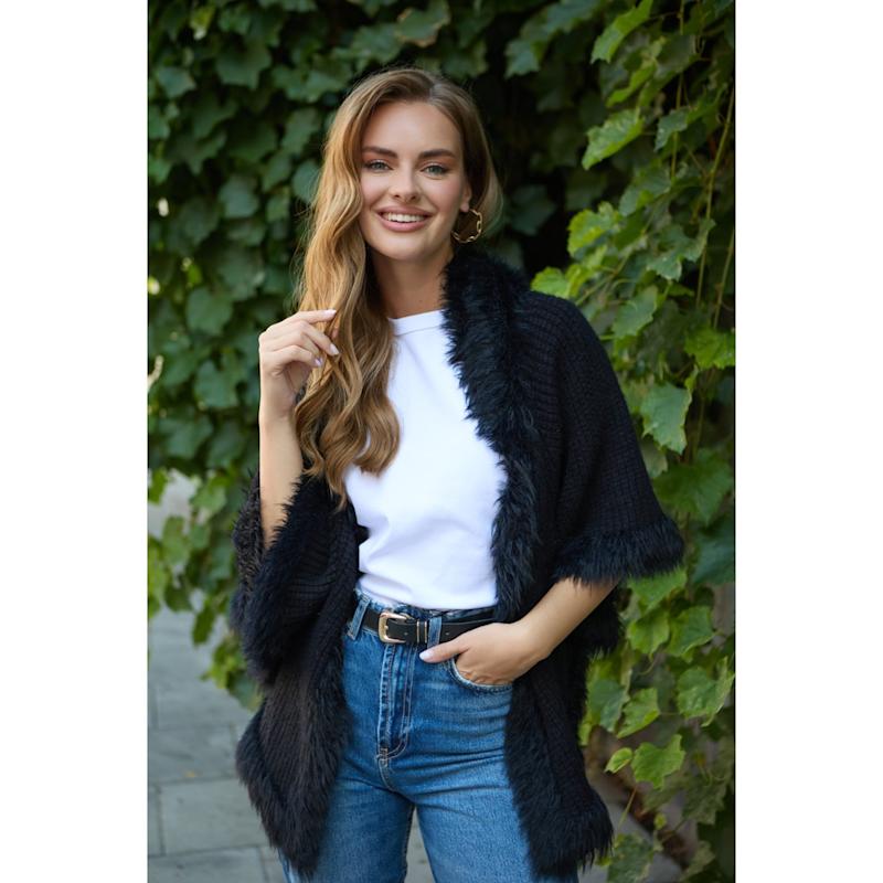 Thumbnail of Fur Trim Knit Open Black Cardigan image