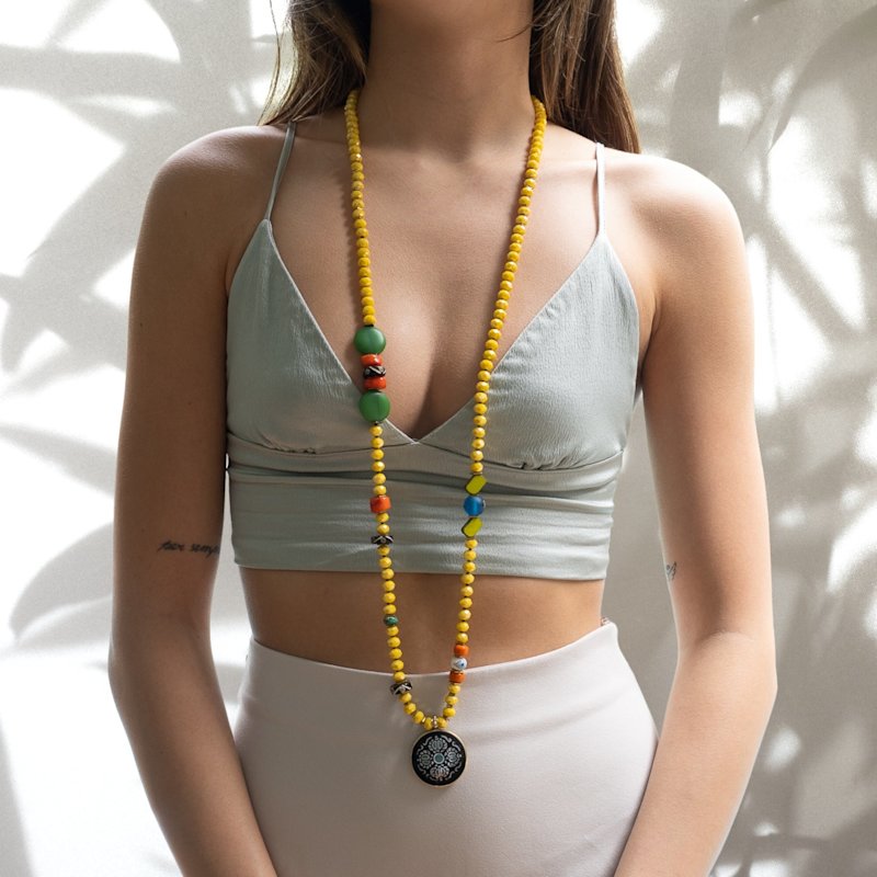 Thumbnail of Colorful Nepal Mantra Pendant Yellow Beaded Long Necklace - Yellow image