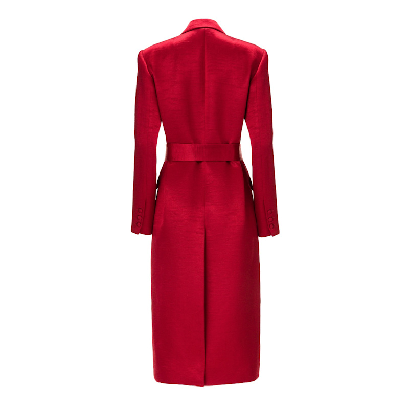 Belted Midi Trench Coat In Red Satin Blend | LITA COUTURE