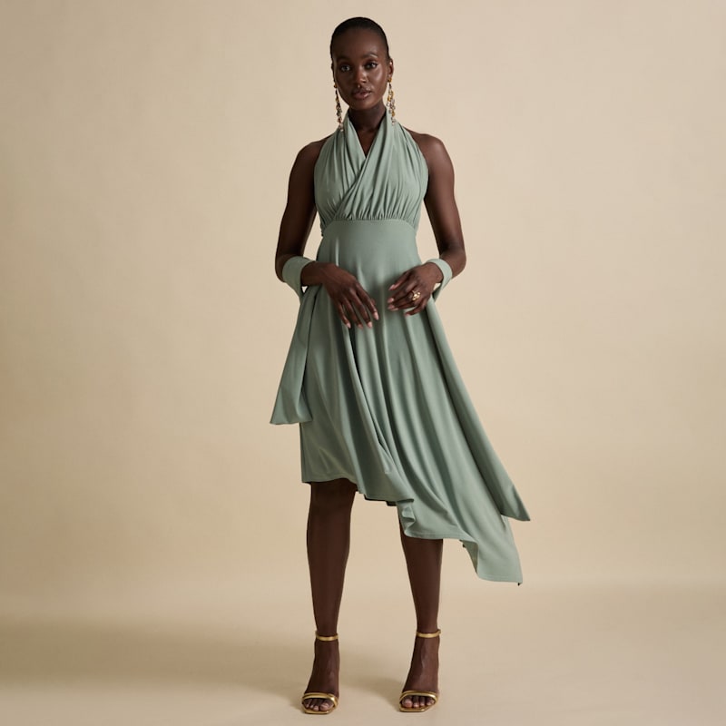 slim fit dress slacks Chi Chi Halter Neck Satin Maxi Dress in Sage in Green, Size 16 main image 1