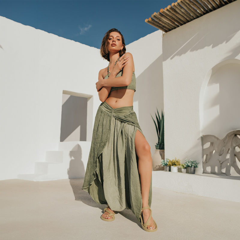Thumbnail of Gaia Salvar Khaki Green - Boho Women Harem Skirt Pants image