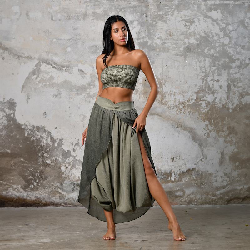 Gaia Salvar Khaki Green - Boho Women Harem Skirt Pants | Zhenabia