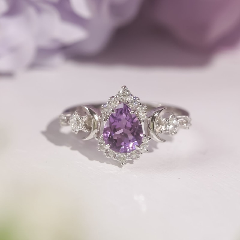Thumbnail of Galactic Pear Cut Amethyst Ring White Gold Vermeil image
