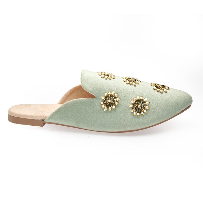 Thumbnail of Galaxy Pastel Green - Handmade Pearl Embroidered Luxury Velvet Pointed Toe Mules By Fuchsia Shoes image