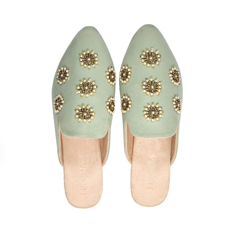 Thumbnail of Galaxy Pastel Green - Handmade Pearl Embroidered Luxury Velvet Pointed Toe Mules By Fuchsia Shoes image