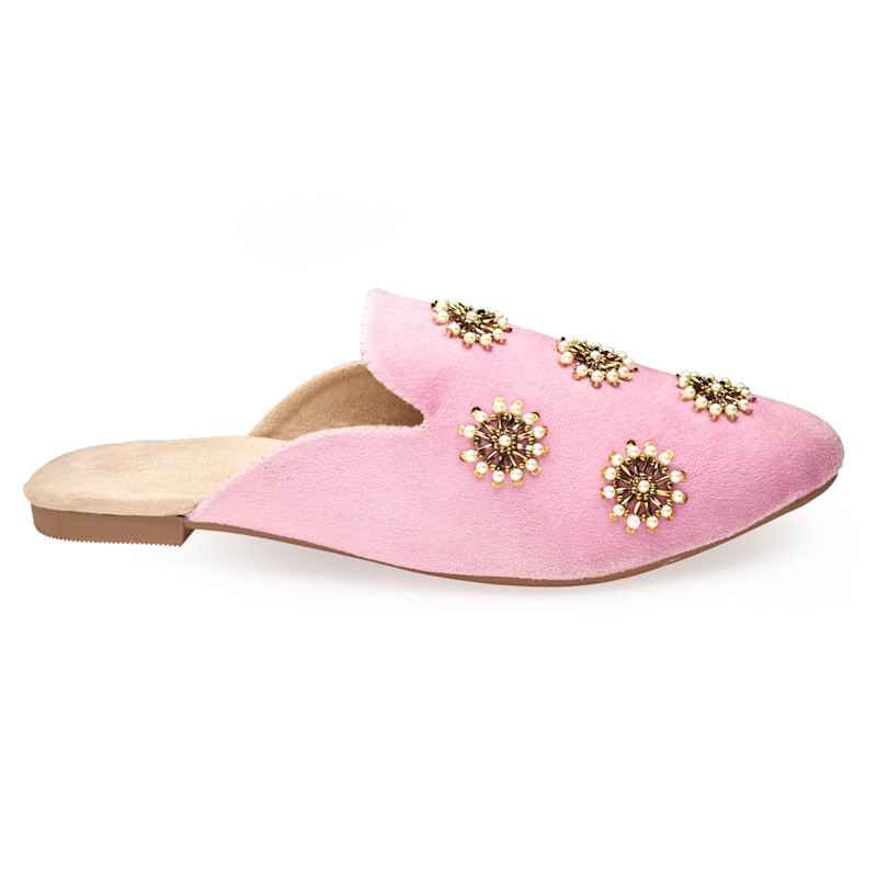 Thumbnail of Galaxy Pastel Pink - Handmade Pearl Embroidered Luxury Velvet Pointed Toe Mules By Fuchsia Shoes image