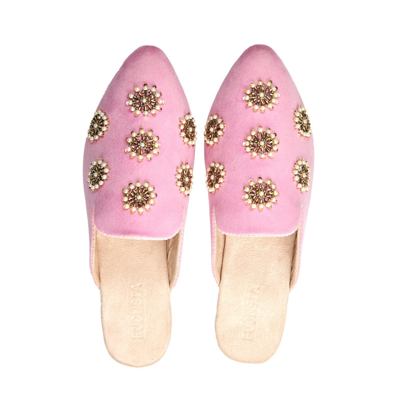 Thumbnail of Galaxy Pastel Pink - Handmade Pearl Embroidered Luxury Velvet Pointed Toe Mules By Fuchsia Shoes image