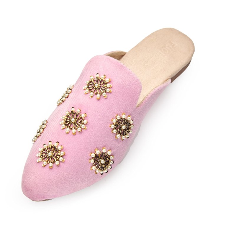 Thumbnail of Galaxy Pastel Pink - Handmade Pearl Embroidered Luxury Velvet Pointed Toe Mules By Fuchsia Shoes image