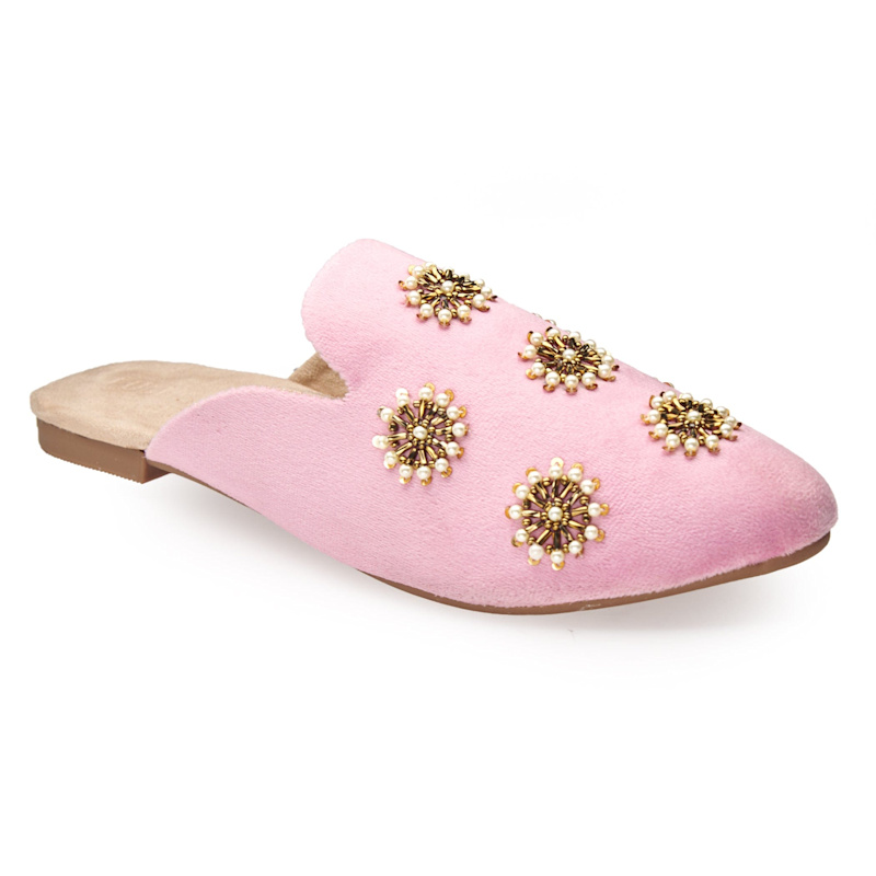 Thumbnail of Galaxy Pastel Pink - Handmade Pearl Embroidered Luxury Velvet Pointed Toe Mules By Fuchsia Shoes image