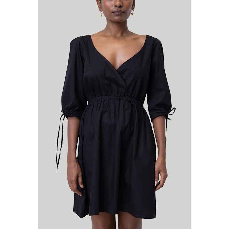Reistor Women's Gathered Elbow Sleeve Short Dress Black Small