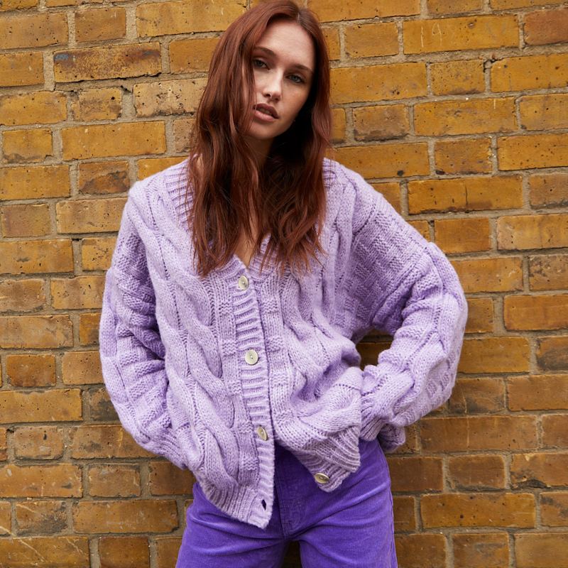 Thumbnail of Gemma Basket Stitch Balloon Sleeve Cardigan - Lilac image