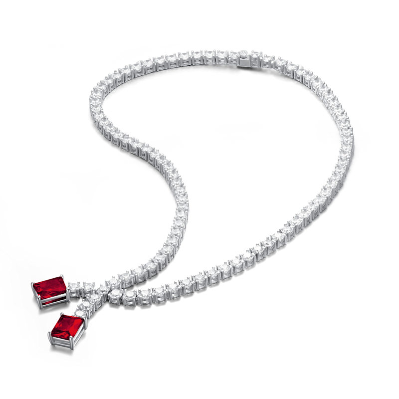 Thumbnail of Genevive Sterling Silver White Gold Plated With Ruby Red Cubic Zirconia Two-Stone Collar Tennis Necklace image