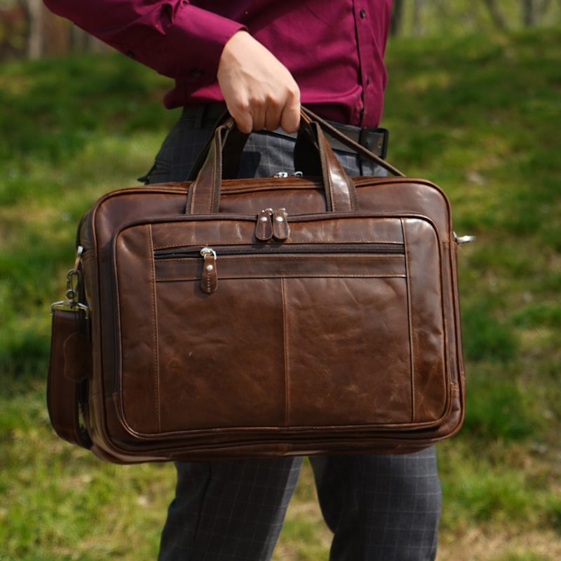 Thumbnail of Genuine Leather Briefcase With Luggage Strap - Polished Brown image