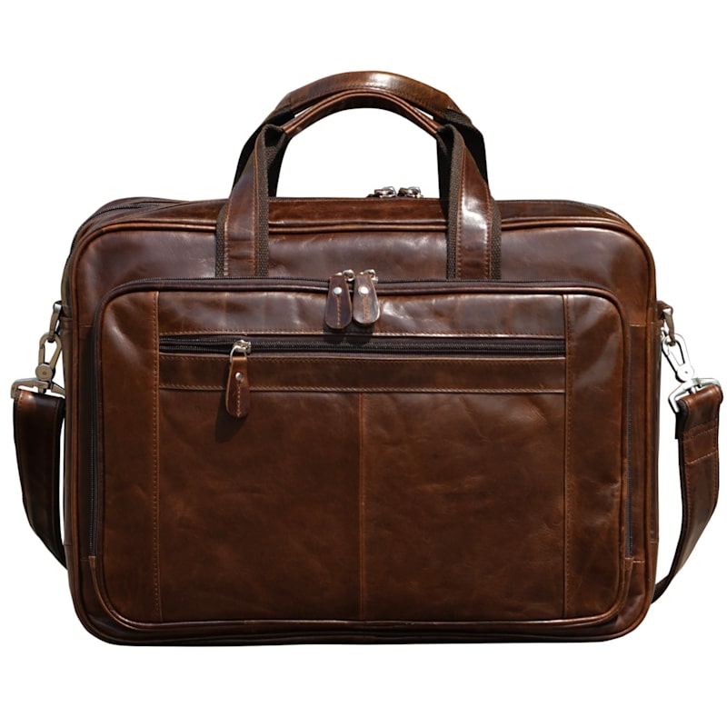 Thumbnail of Genuine Leather Briefcase With Luggage Strap - Polished Brown image
