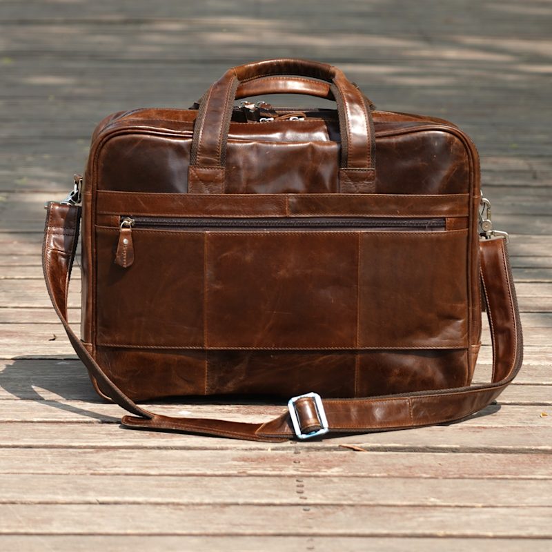 Thumbnail of Genuine Leather Briefcase With Luggage Strap - Polished Brown image
