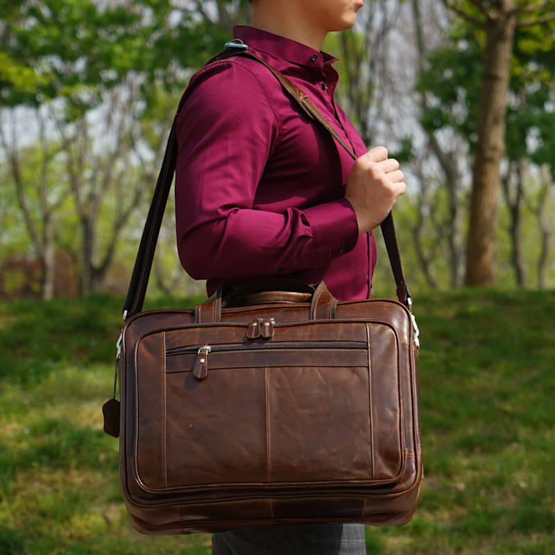 Thumbnail of Genuine Leather Briefcase With Luggage Strap - Polished Brown image