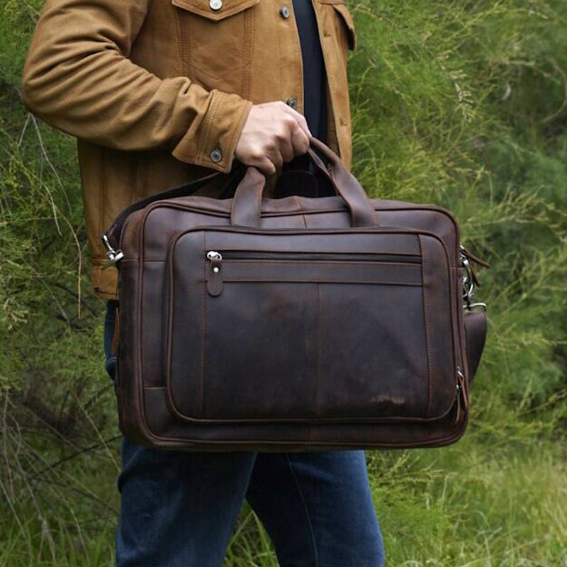 Thumbnail of Genuine Leather Briefcase With Luggage Strap - Worn Brown image