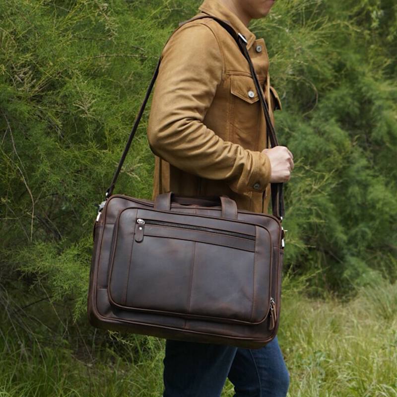 Thumbnail of Genuine Leather Briefcase With Luggage Strap - Worn Brown image