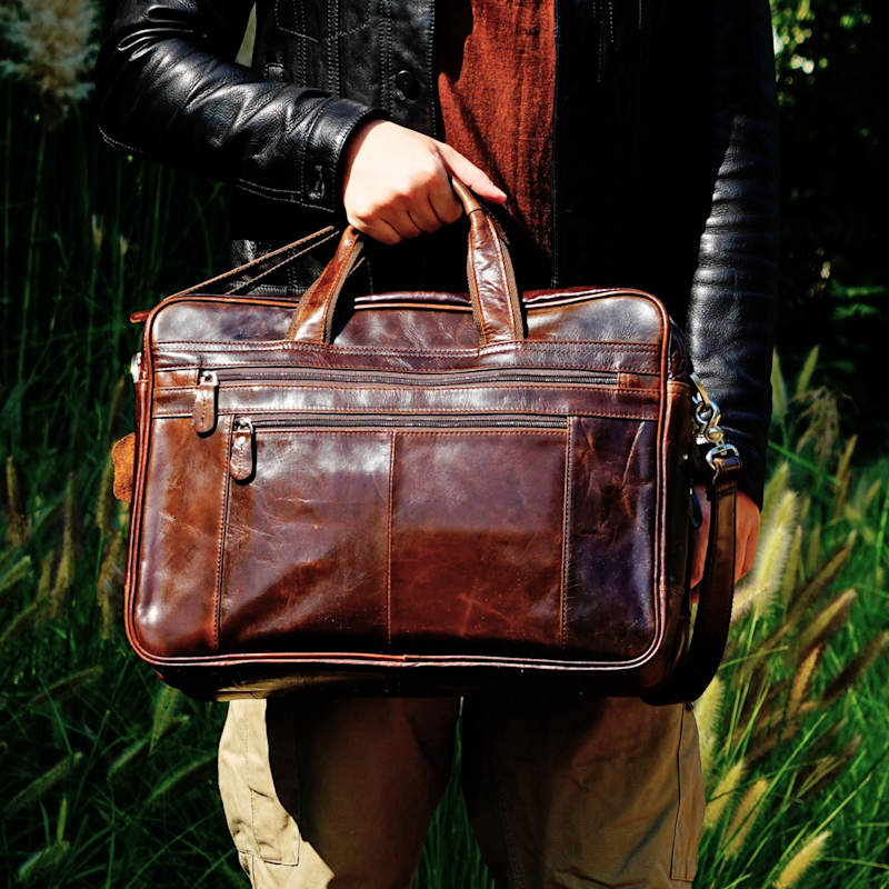 Thumbnail of Genuine Leather Briefcase With Zip Pockets - Vintage Brown image
