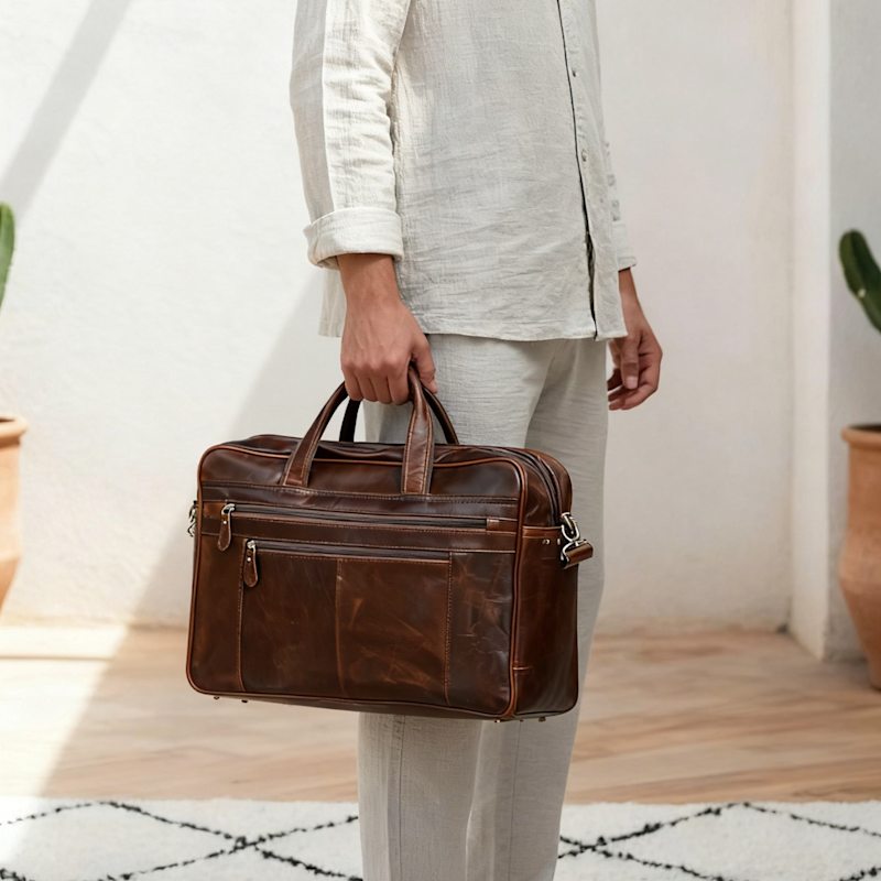 Thumbnail of Genuine Leather Briefcase With Zip Pockets - Vintage Brown image