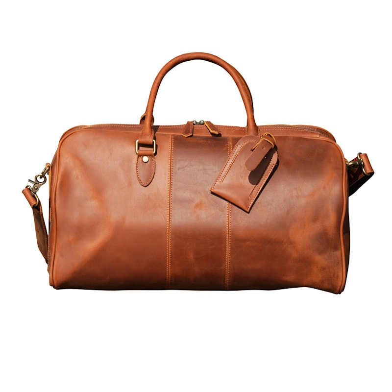 Genuine Leather Duffle With Luggage Tag - Light Brown | Touri
