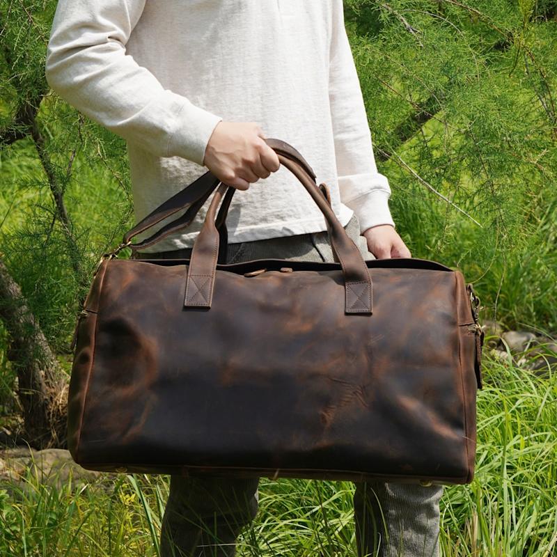 Genuine Leather Weekend Bag Worn Dark Brown Touri Wolf Badger