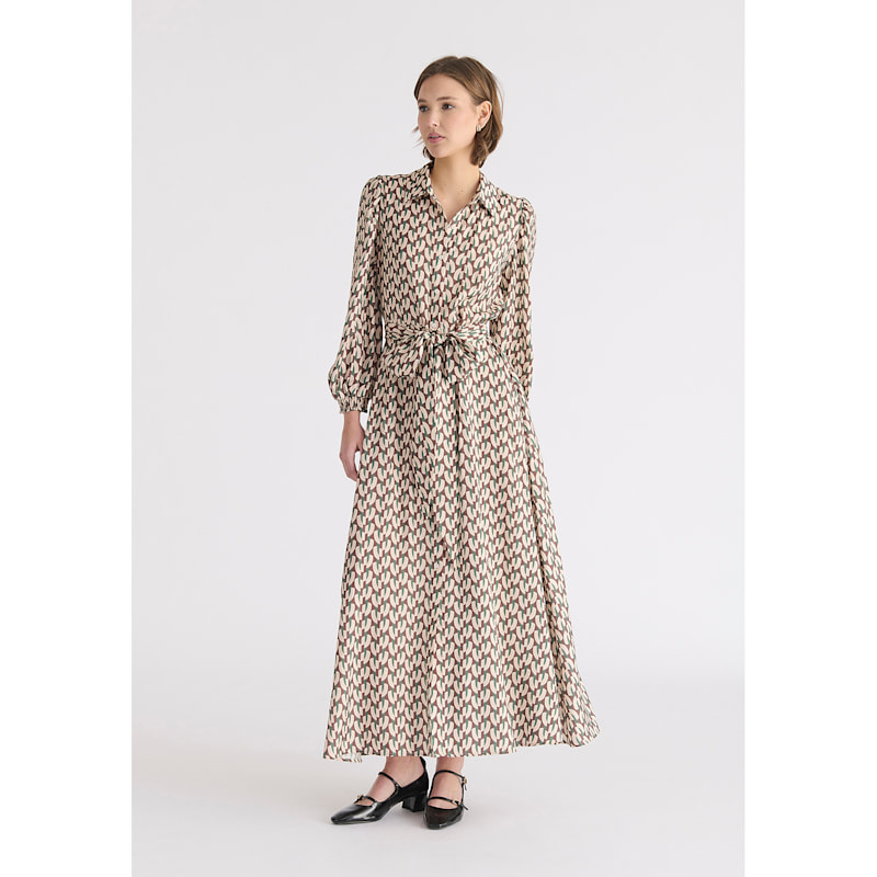 Thumbnail of Geometric Print Maxi Shirt Dress In Brown, Beige & Green image