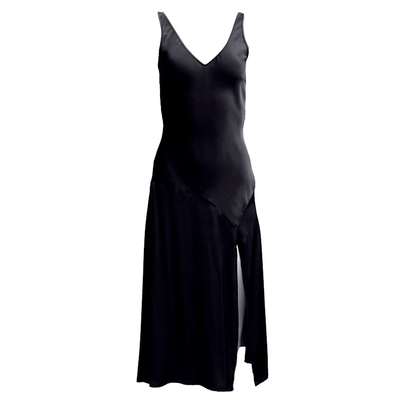Mae Wide Strap V-Neck Slip Dress In Black Silk Onīrik Wolf