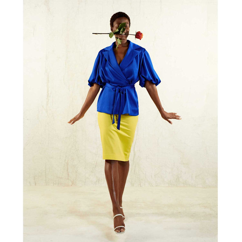 Draped Puff Sleeve Belted Blouse - Royal Blue | Femponiq | Wolf
